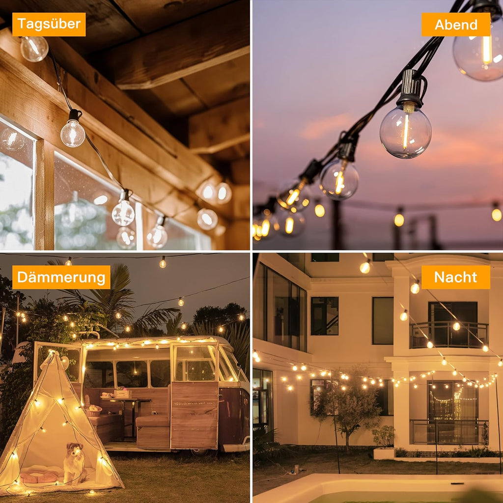 Ollny G40 20m Solar Lichterkette Außen für Garten, Balkon, Partydeko (30+2 Glühbirnen, 3 modi, IP45 wasserdicht)
