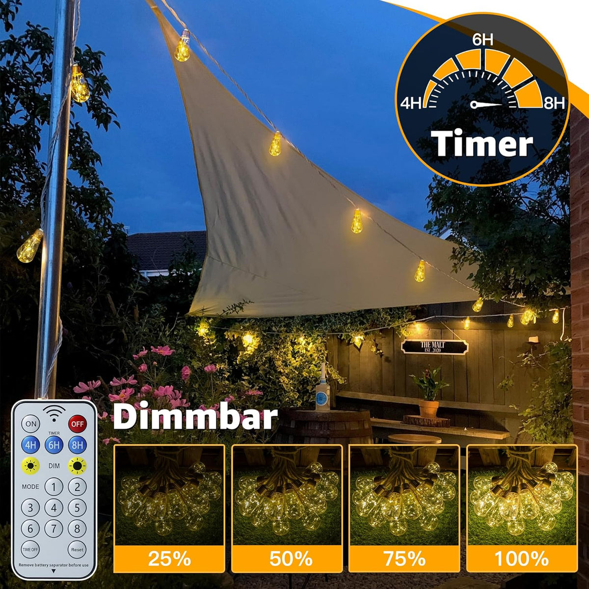 Ollny S17 6m Solar-Lichterkette für den Außenbereich (16 Glühbirnen, IP45 wasserdicht, 8 Modi)