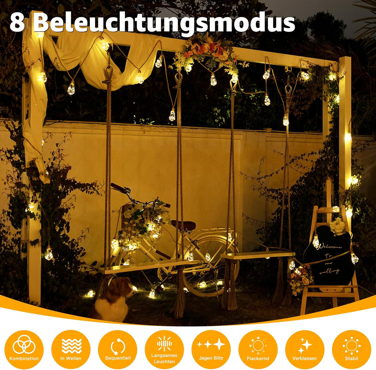 Ollny S17 6m Solar-Lichterkette für den Außenbereich (16 Glühbirnen, IP45 wasserdicht, 8 Modi)