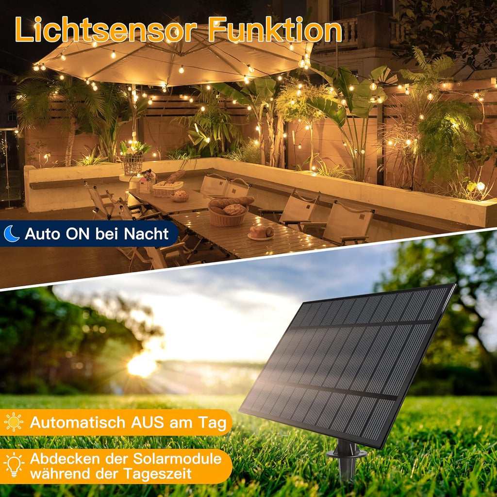 Ollny G40 20m Solar Lichterkette Außen für Garten, Balkon, Partydeko (30+2 Glühbirnen, 3 modi, IP45 wasserdicht)