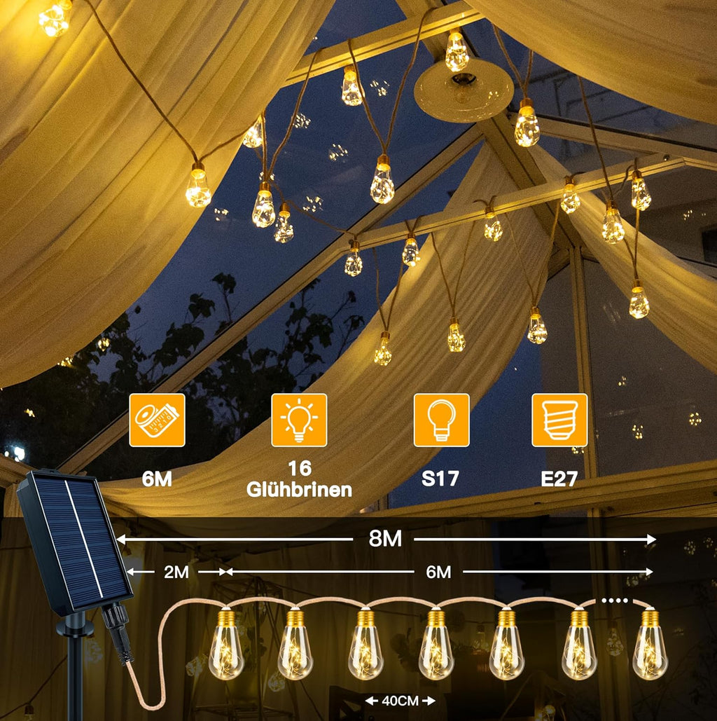 Ollny S17 6m Solar-Lichterkette für den Außenbereich (16 Glühbirnen, IP45 wasserdicht, 8 Modi)