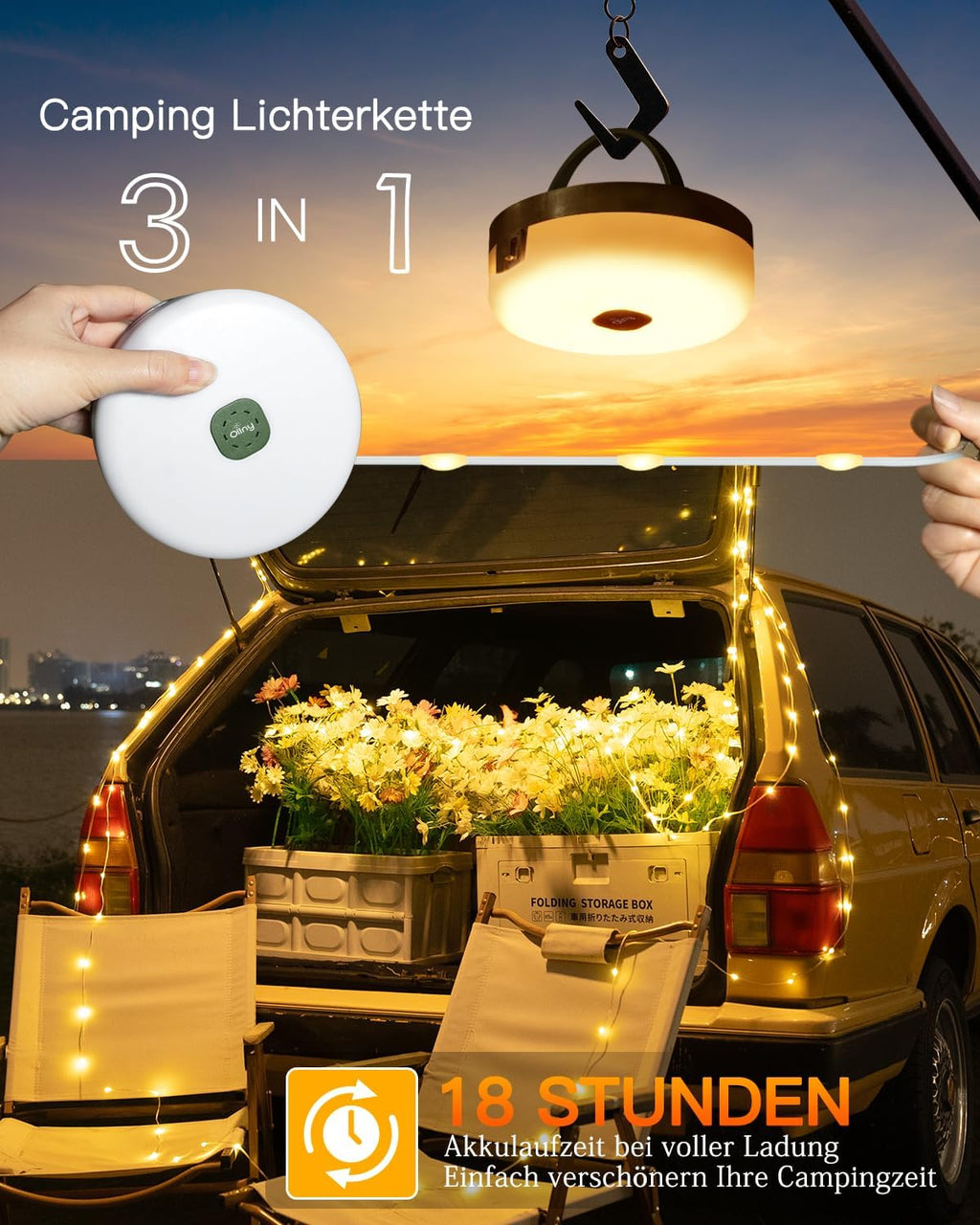 Ollny Solar Camping Lichterkette Aufrollbar (USB, 8 Modi, Timer Dimmbar, IP44 Wasserdichte)