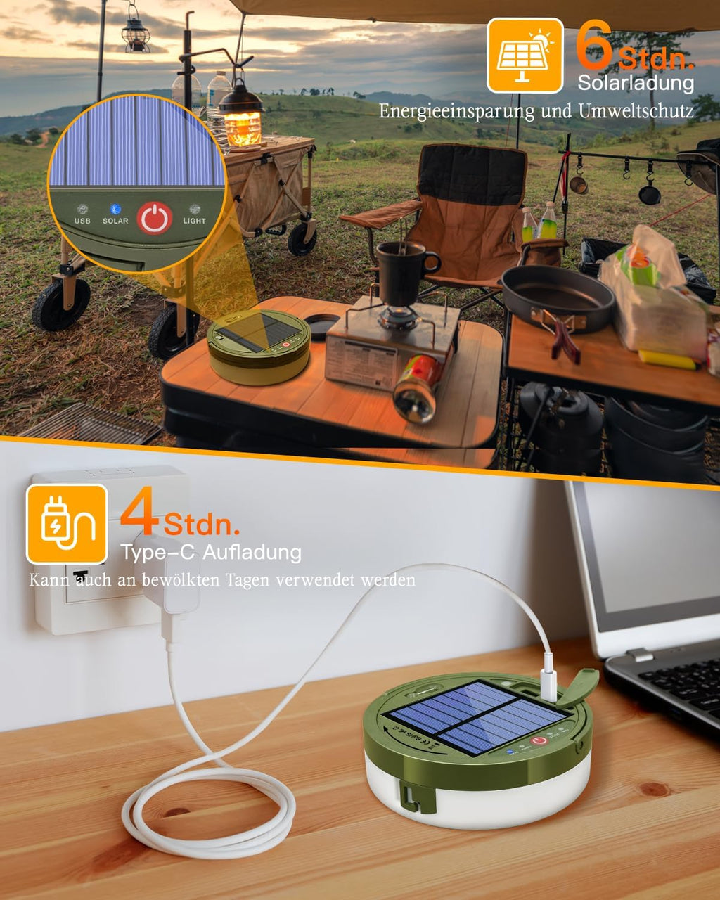 Ollny Solar Camping Lichterkette Aufrollbar (USB, 8 Modi, Timer Dimmbar, IP44 Wasserdichte)