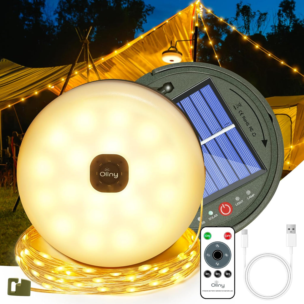 Ollny Solar Camping Lichterkette Aufrollbar (USB, 8 Modi, Timer Dimmbar, IP44 Wasserdichte)