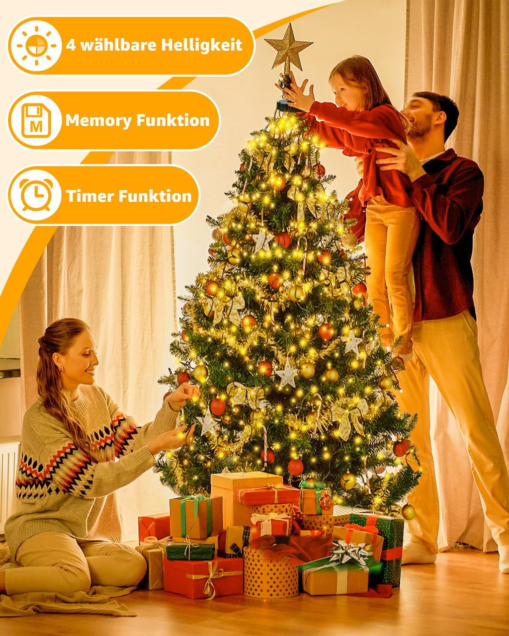 Ollny Solar Lichterkette Aussen für 150, 180, 240cm Tannenbaum (Warmweiß, 8 Modi, Timer, IP44 Wasserdichte)