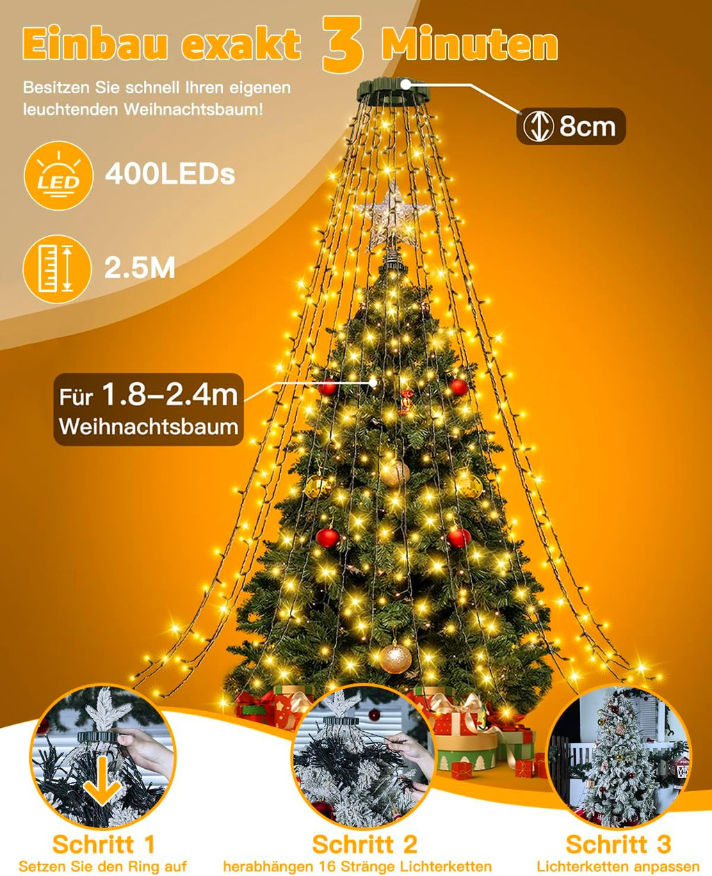 Ollny Solar Lichterkette Aussen für 150, 180, 240cm Tannenbaum (Warmweiß, 8 Modi, Timer, IP44 Wasserdichte)