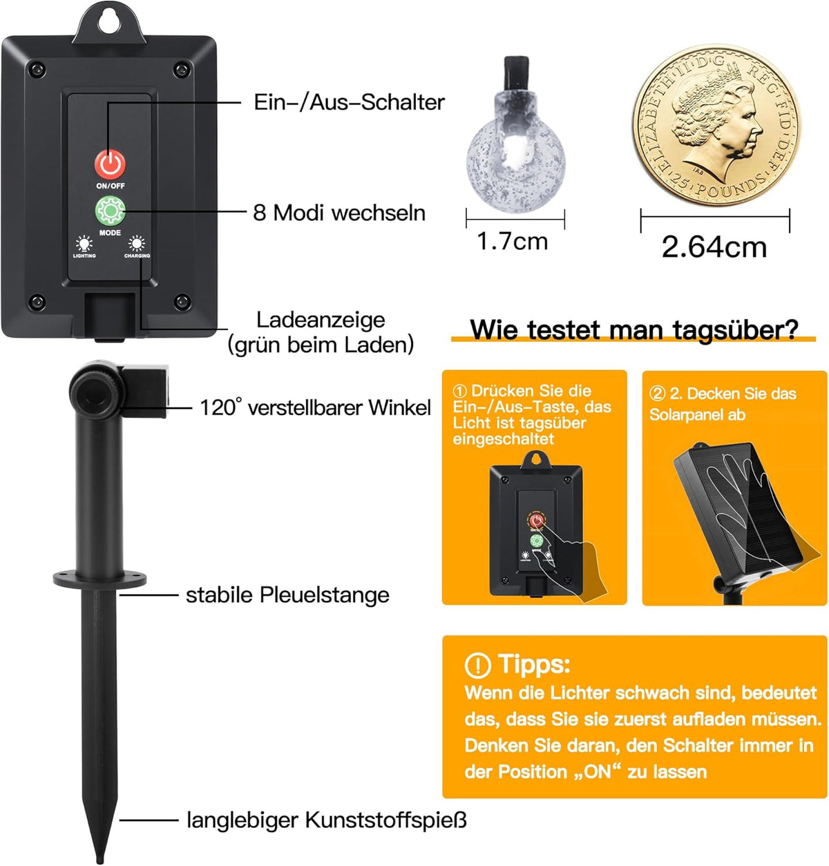 Ollny Solar Lichterkette Aussen(Warmweiß, 8 Modi, IP44 Wasserdichte)