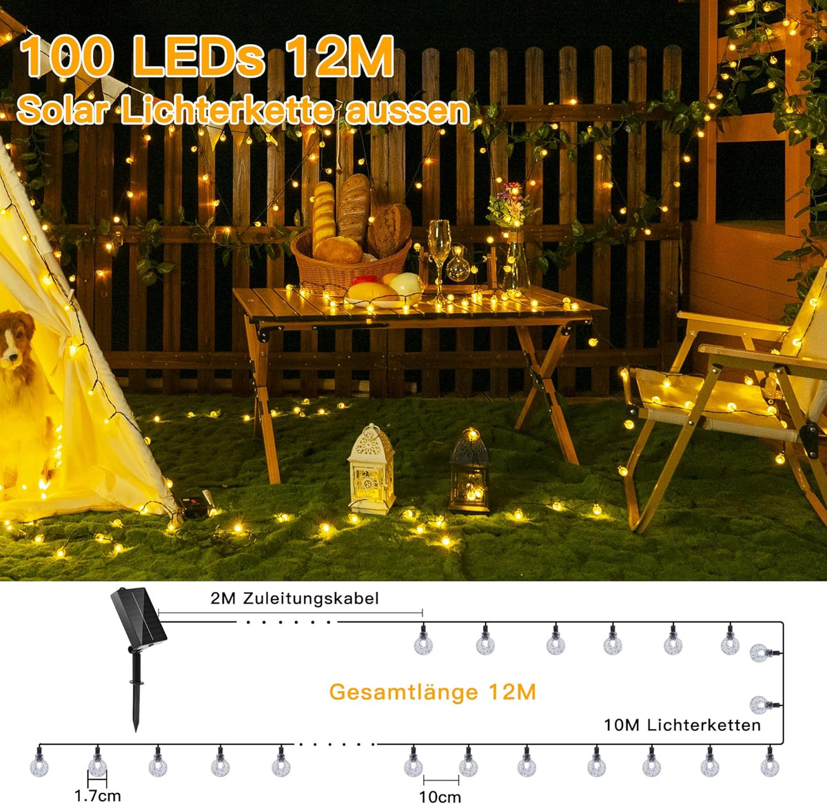 Ollny Solar Lichterkette Aussen(Warmweiß, 8 Modi, IP44 Wasserdichte)
