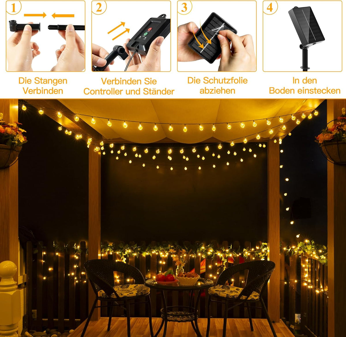 Ollny Solar Lichterkette Aussen(Warmweiß, 8 Modi, IP44 Wasserdichte)
