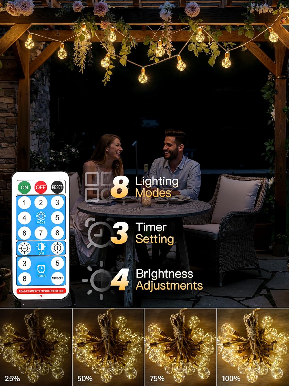 Ollny Solar Lichterkette Aussen (USB, 8 Modi, Timer Dimmbar, IP45 Wasserdichte)