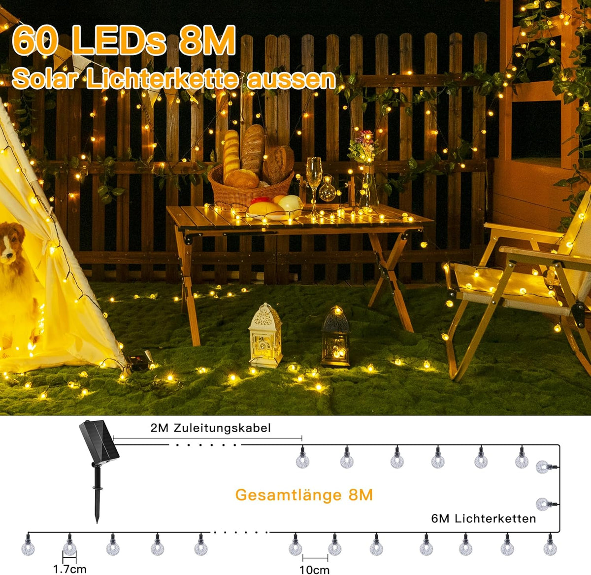 Ollny Solar Lichterkette Aussen(Warmweiß, 8 Modi, IP44 Wasserdichte)