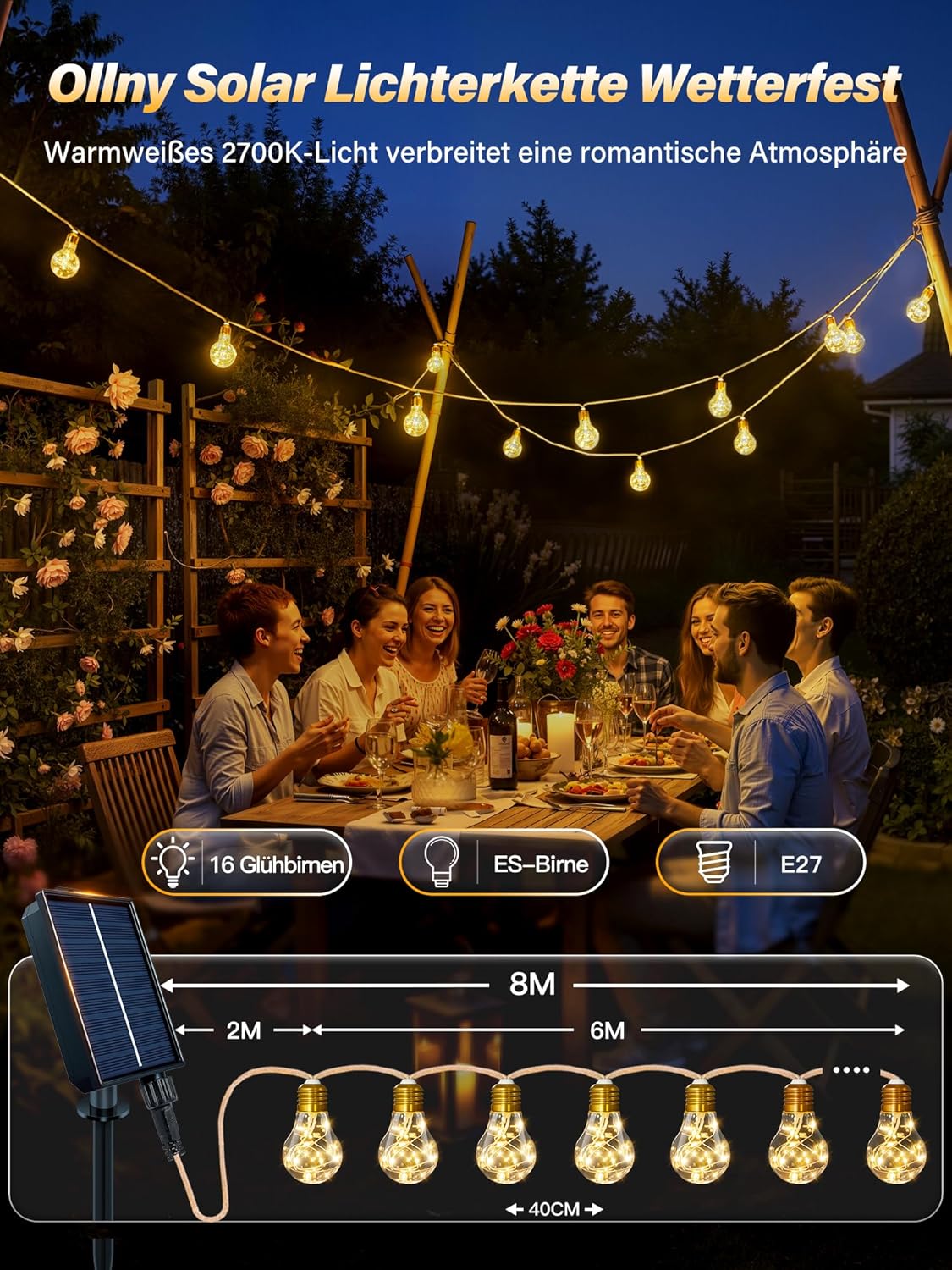 Ollny Solar Lichterkette Aussen (USB, 8 Modi, Timer Dimmbar, IP45 Wasserdichte)