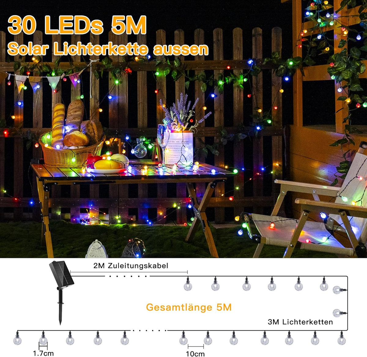Ollny Solar Lichterkette Aussen(Bunt, 8 Modi, IP44 Wasserdichte)