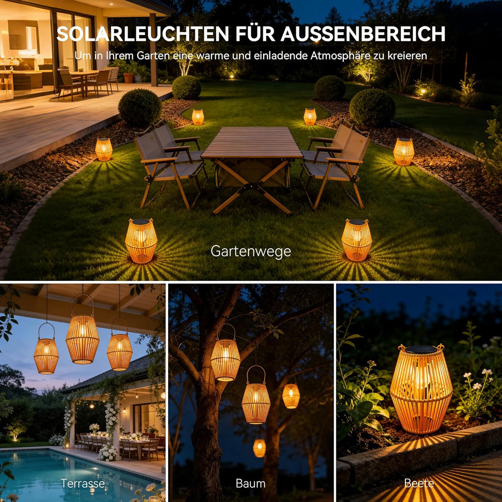 Ollny Solarlampen in Rattan Boho für Wege, Poolbereiche, Girlanden (Warmweiß, IP44 wasserdicht)