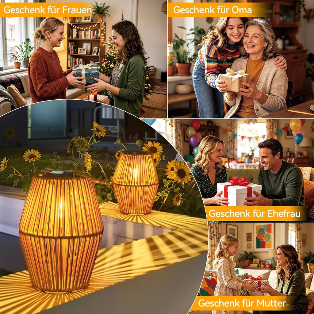 Ollny Solarlampen in Rattan Boho für Wege, Poolbereiche, Girlanden (Warmweiß, IP44 wasserdicht)