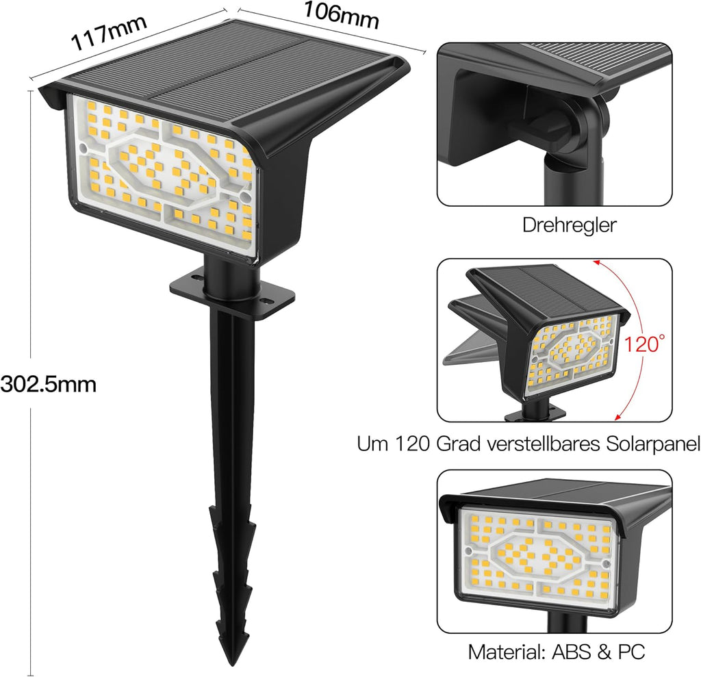 Ollny 60 LEDs Solarstrahler für Außen (Warmweiß, 3 Modi, IP65 Wasserdichte)