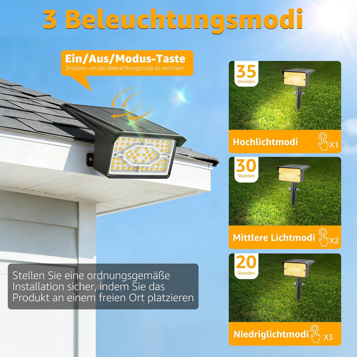 Ollny 60 LEDs Solarstrahler für Außen (Warmweiß, 3 Modi, IP65 Wasserdichte)