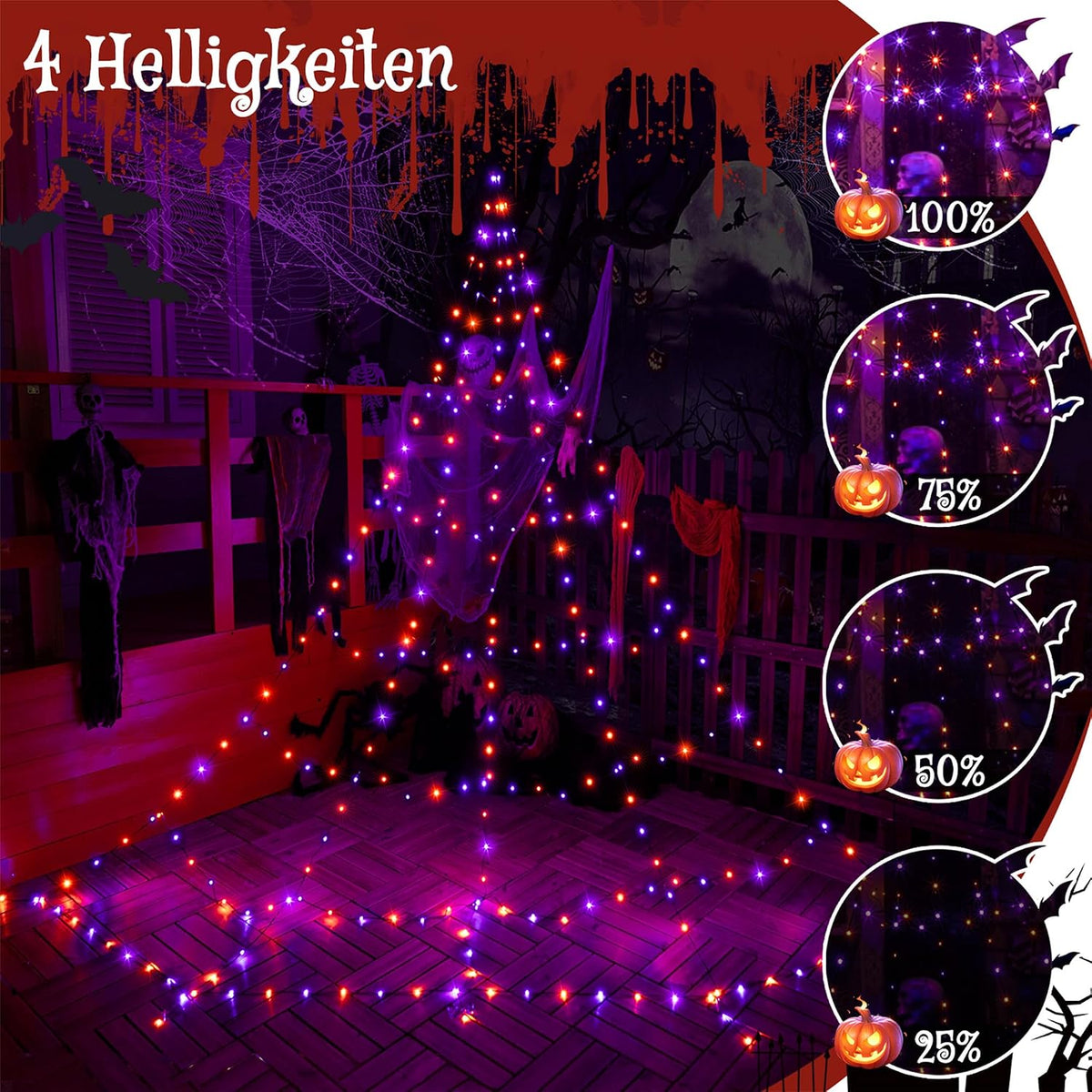 Ollny Halloween Spinnennetz Lichterkette (Lila und Orange, Timer, 8 Modi, IP67 Wasserdichte)