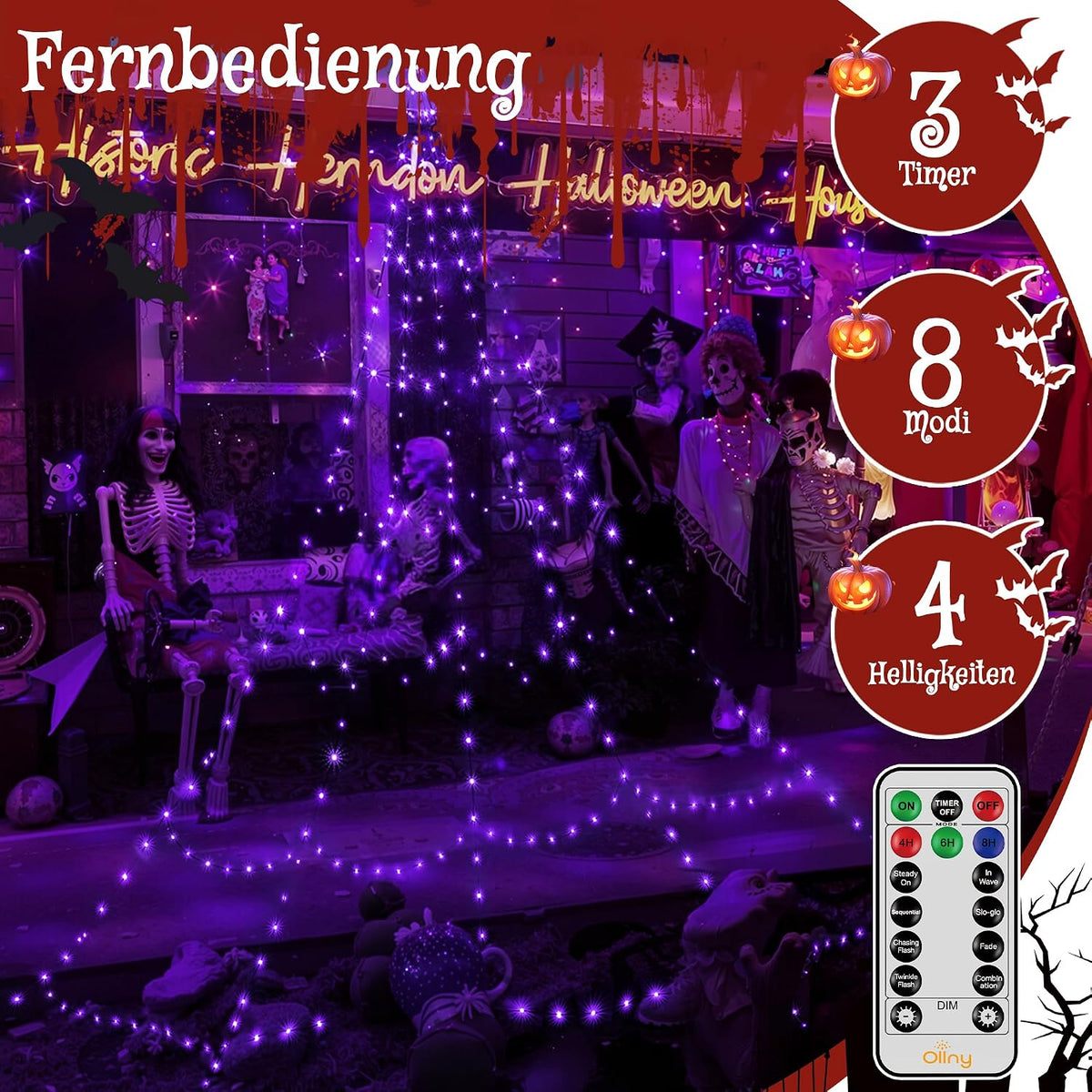 Ollny Halloween Spinnennetz Lichterkette (Lila, Timer, 8 Modi, IP67 Wasserdichte)