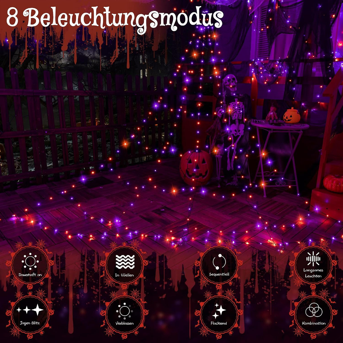 Ollny Halloween Spinnennetz Lichterkette (Lila und Orange, Timer, 8 Modi, IP67 Wasserdichte)