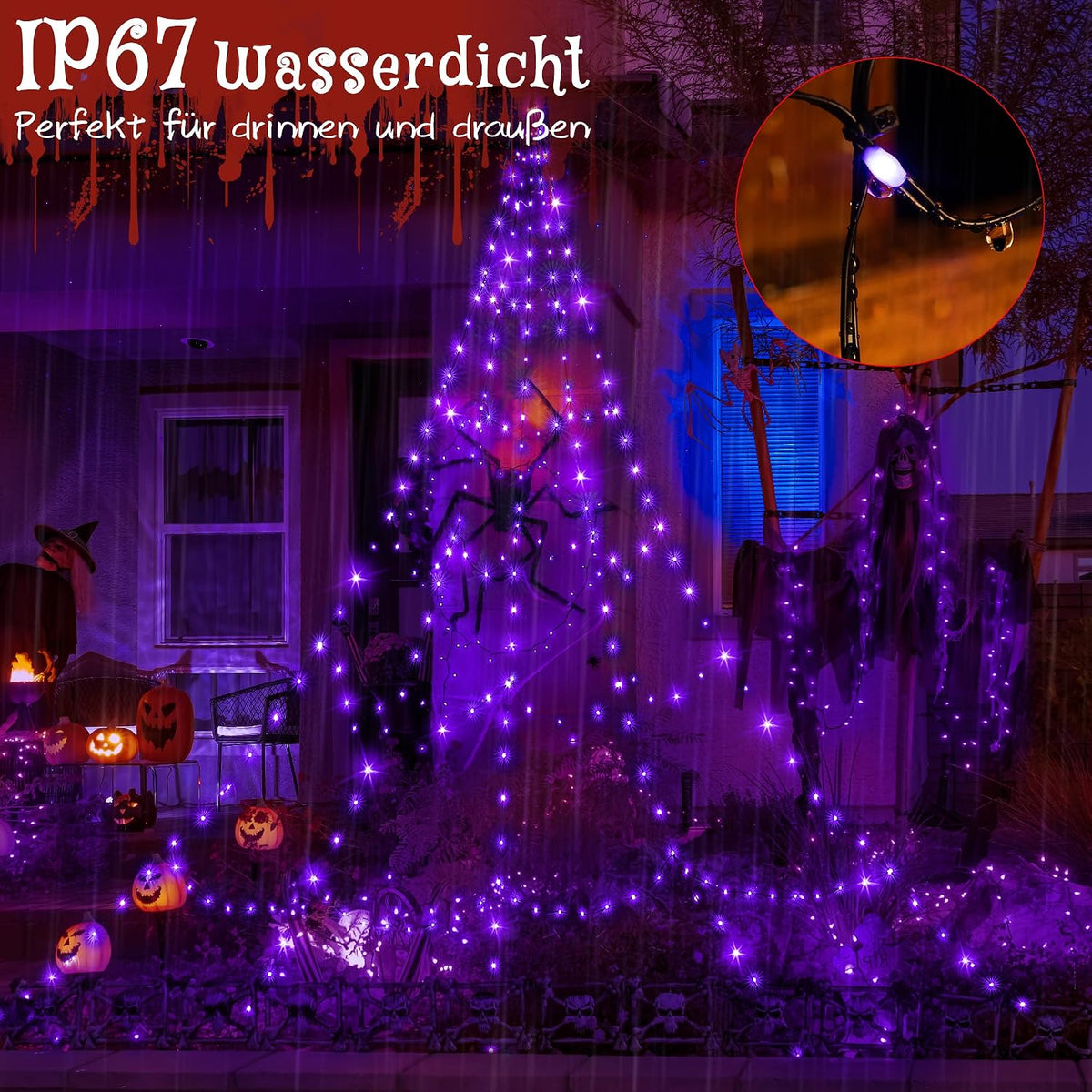 Ollny Halloween Spinnennetz Lichterkette (Lila, Timer, 8 Modi, IP67 Wasserdichte)