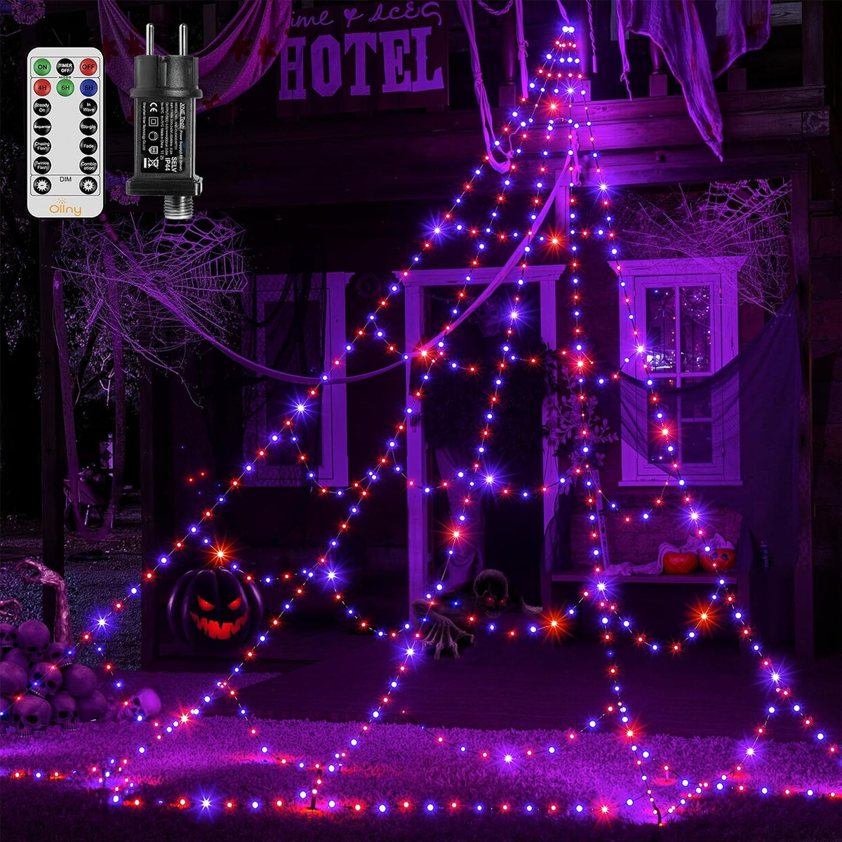 Ollny Halloween Spinnennetz Lichterkette (Lila und Orange, Timer, 8 Modi, IP67 Wasserdichte)