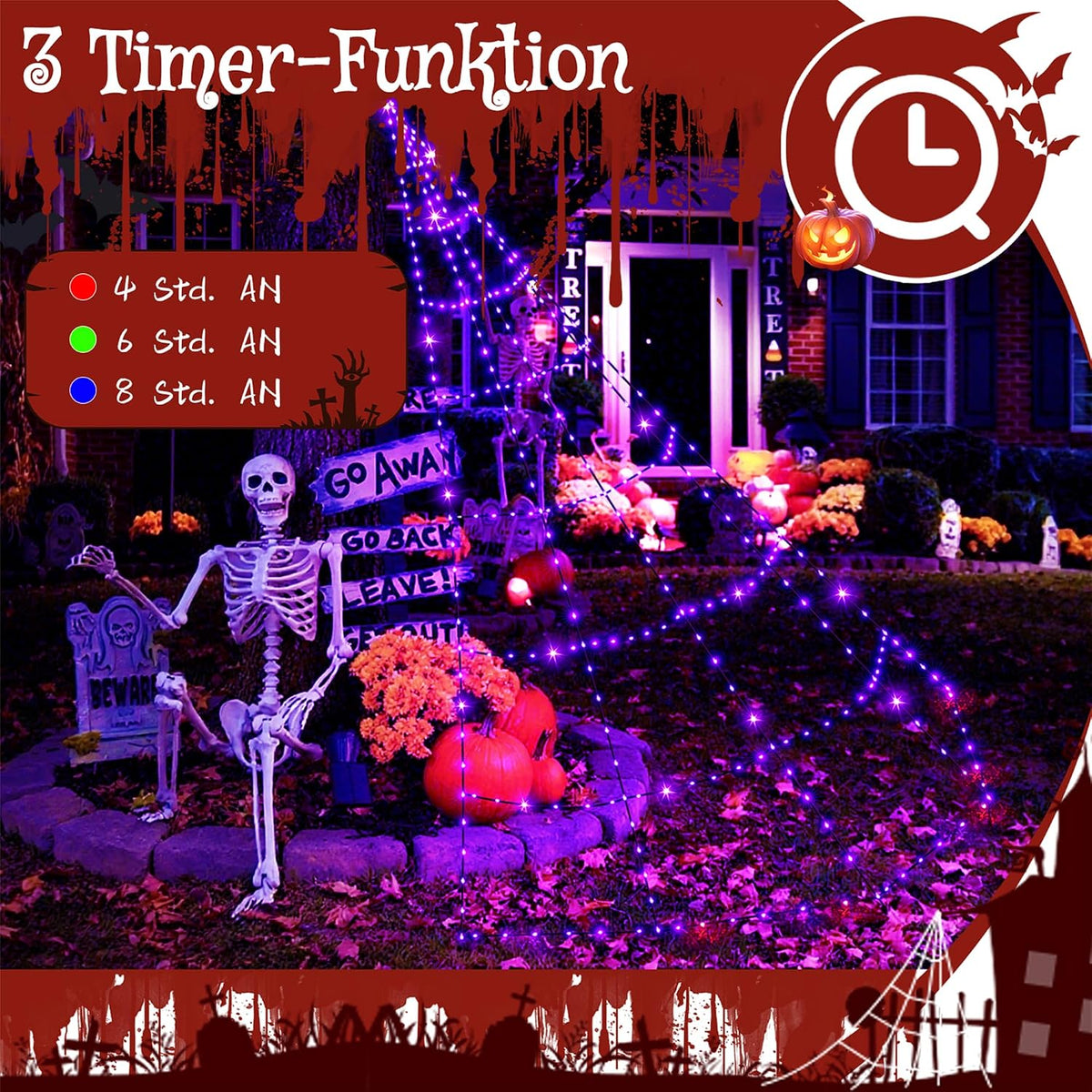 Ollny Halloween Spinnennetz Lichterkette (Lila, Timer, 8 Modi, IP67 Wasserdichte)