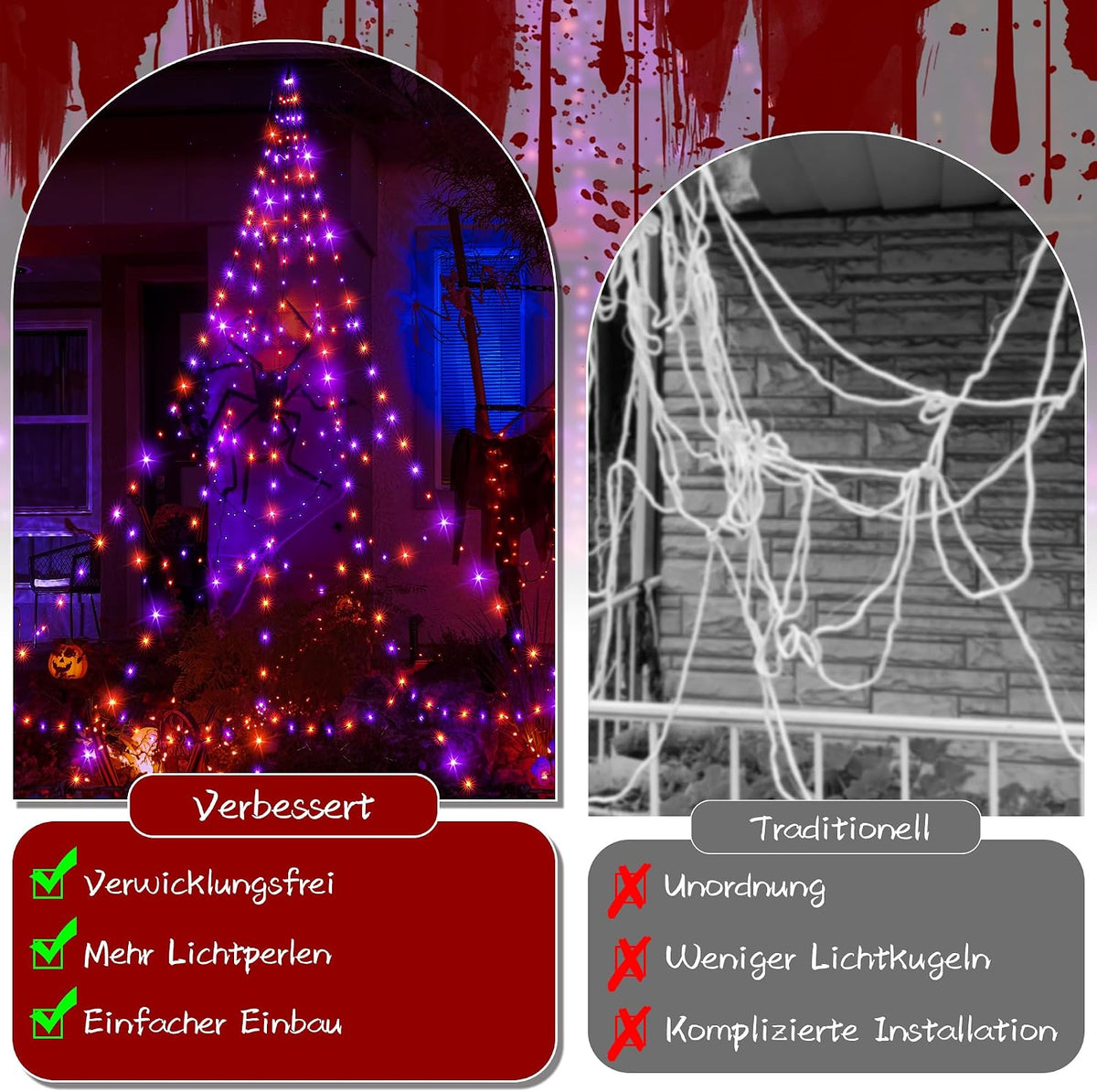 Ollny Halloween Spinnennetz Lichterkette (Lila und Orange, Timer, 8 Modi, IP67 Wasserdichte)
