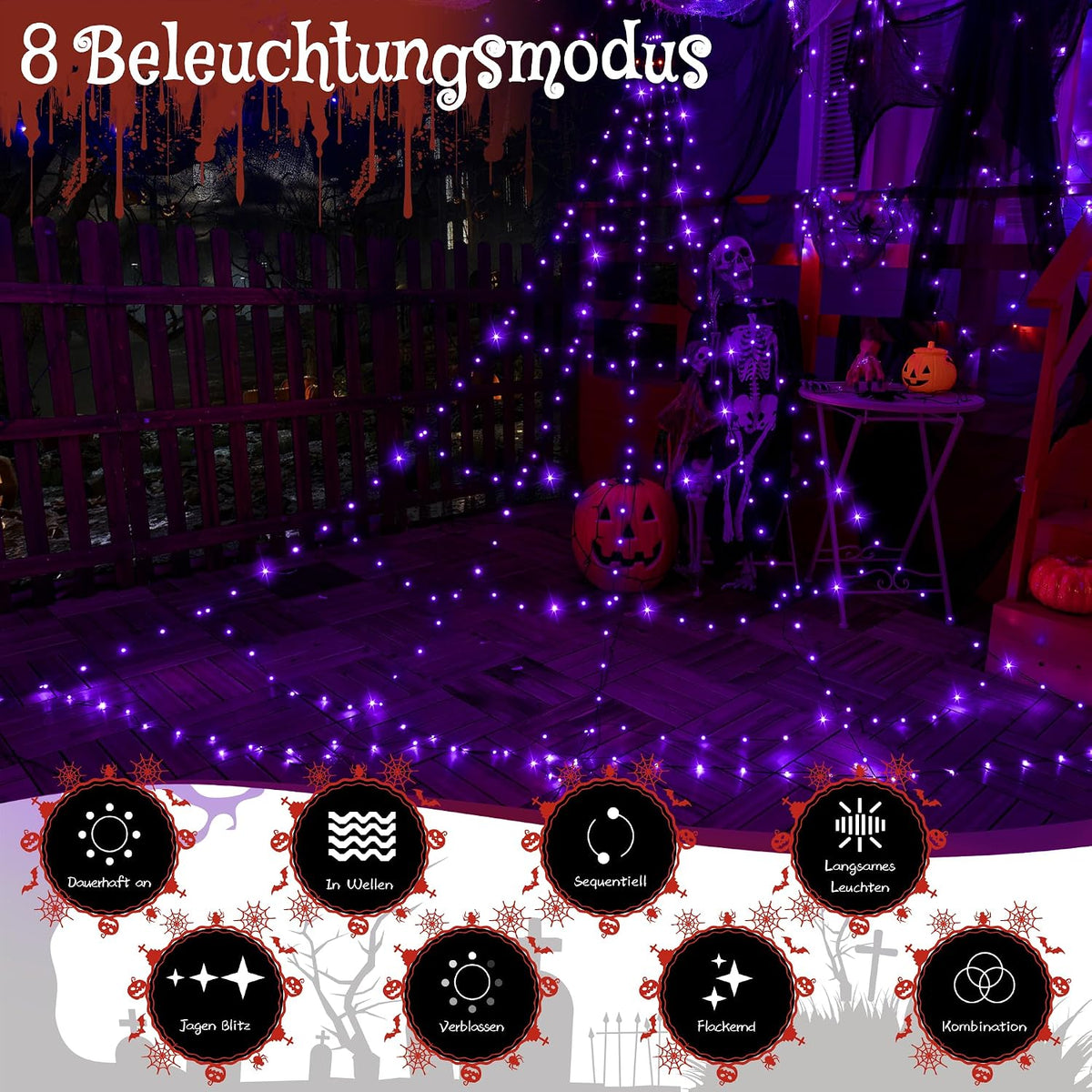 Ollny Halloween Spinnennetz Lichterkette (Lila, Timer, 8 Modi, IP67 Wasserdichte)