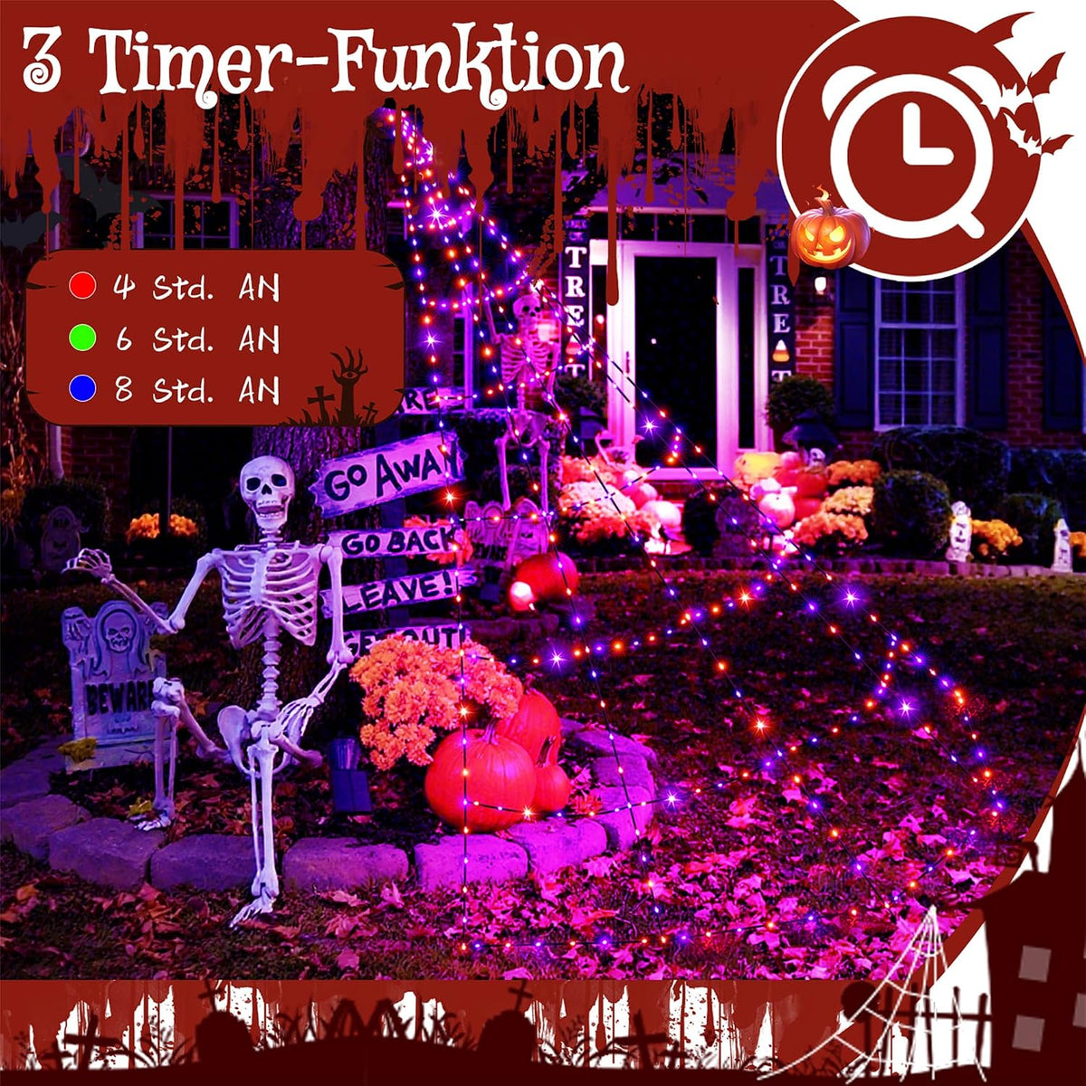 Ollny Halloween Spinnennetz Lichterkette (Lila und Orange, Timer, 8 Modi, IP67 Wasserdichte)