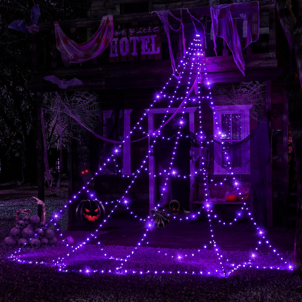 Ollny Halloween Spinnennetz Lichterkette (Lila, Timer, 8 Modi, IP67 Wasserdichte)