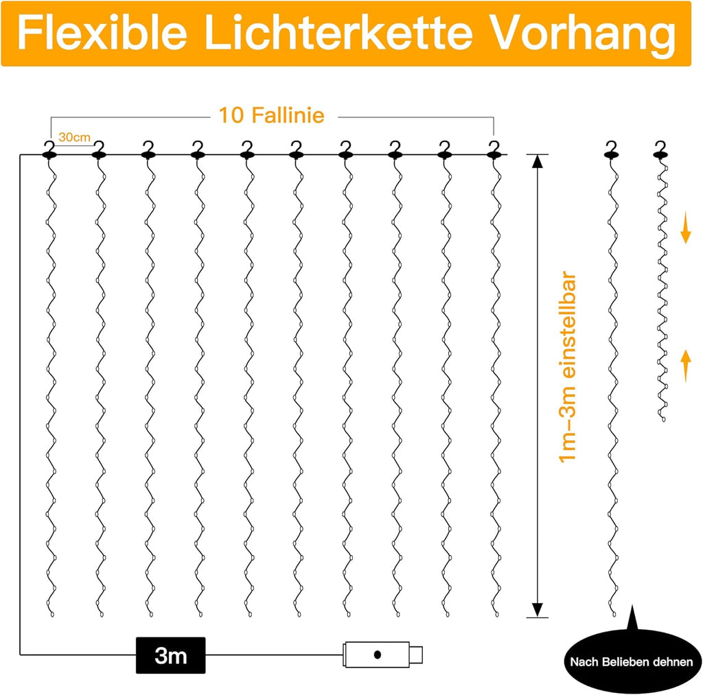 Ollny 300 LEDs 3m*3m USB Kupferdraht Vorhang Lichterkette mit Haken (warmweiß, IP44 wasserdicht)