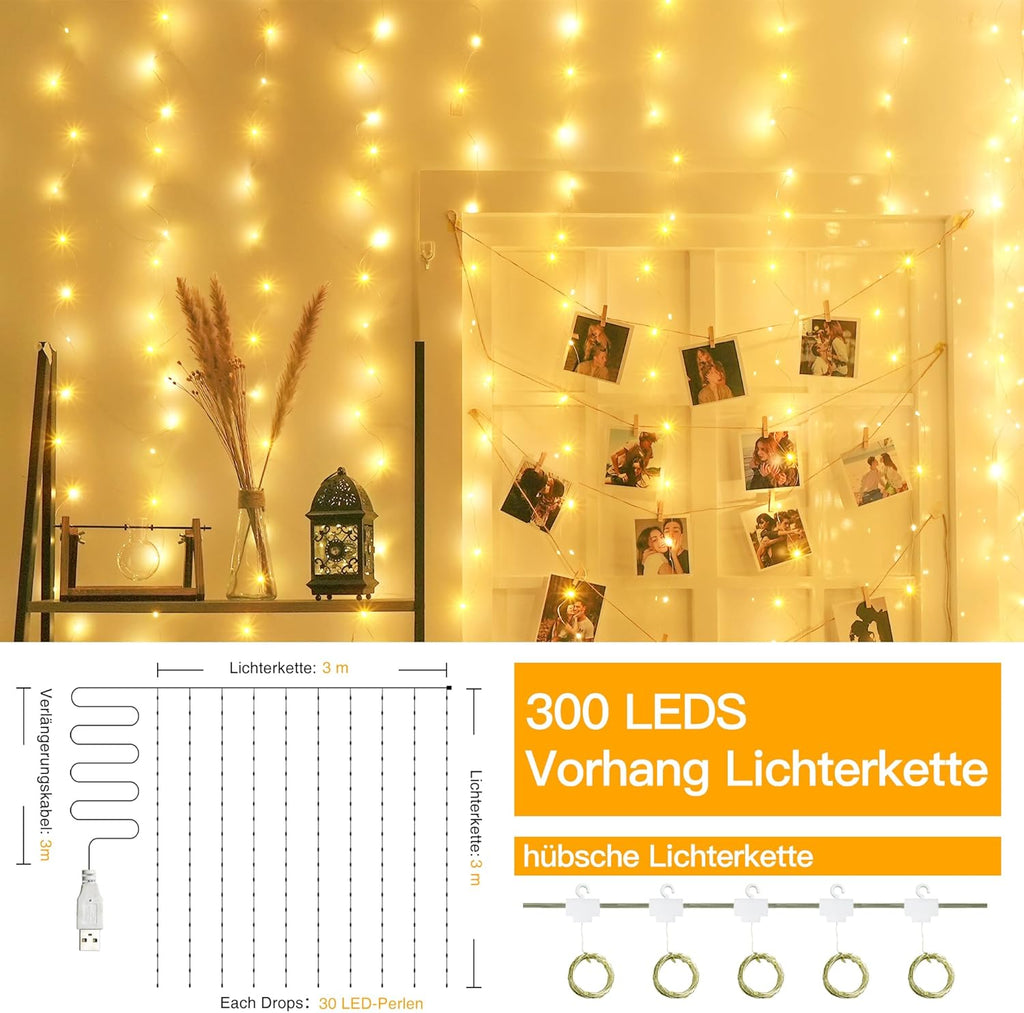Ollny 300 LEDs 3m*3m USB Kupferdraht Vorhang Lichterkette mit Haken (warmweiß, IP44 wasserdicht)