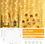 Ollny 300 LEDs 3m*3m USB Kupferdraht Vorhang Lichterkette mit Haken (warmweiß, IP44 wasserdicht)