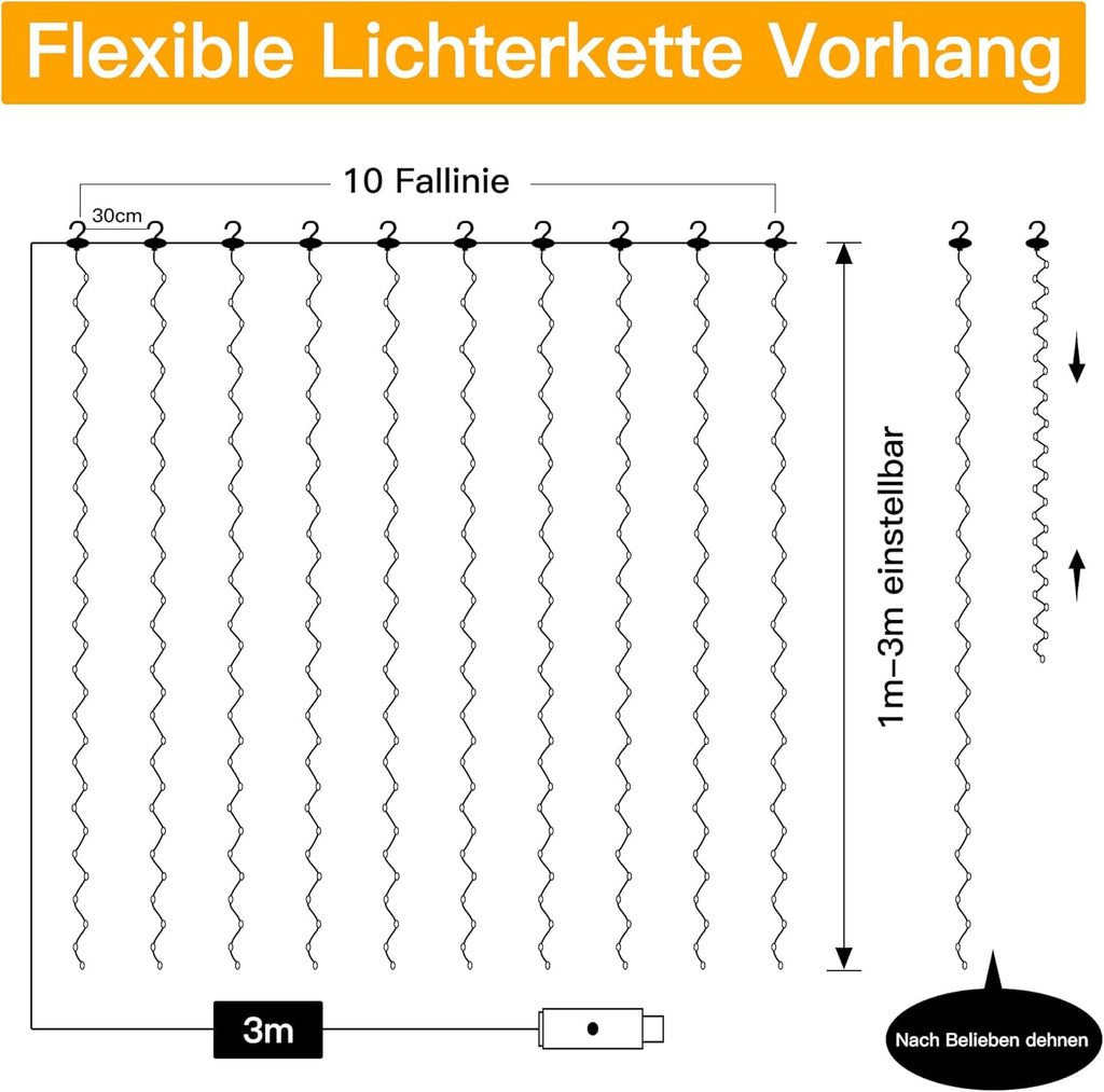 Ollny 300 LEDs 3m*3m USB Kupferdraht Vorhang Lichterkette mit Haken (Kaltweiß, IP44 wasserdicht)