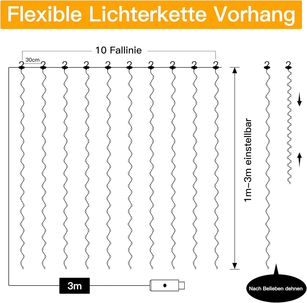 Ollny 300 LEDs 3m*3m USB Kupferdraht Vorhang Lichterkette mit Haken (Kaltweiß, IP44 wasserdicht)