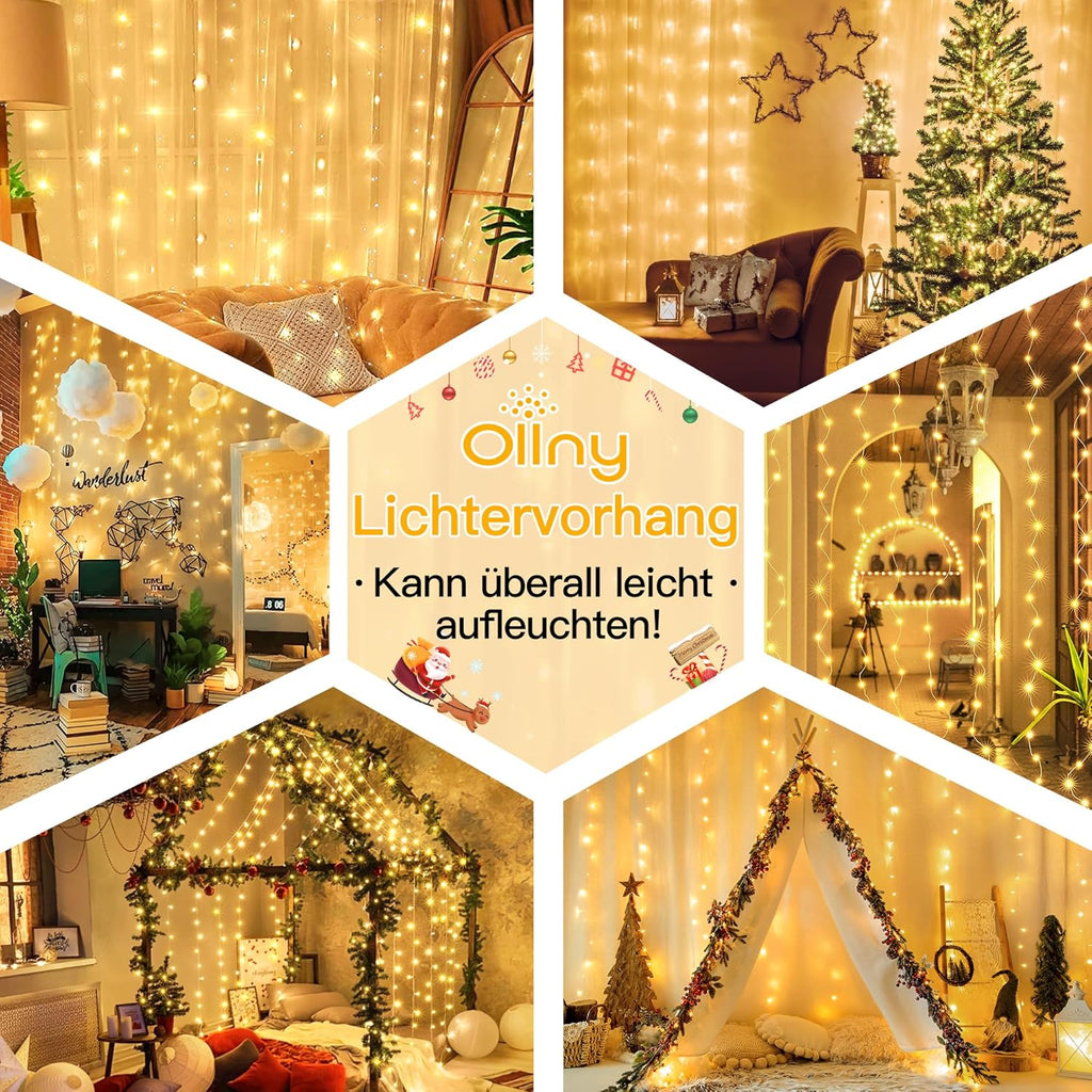 Ollny 300 LEDs 3m*3m USB Kupferdraht Vorhang Lichterkette mit Haken (warmweiß, IP44 wasserdicht)