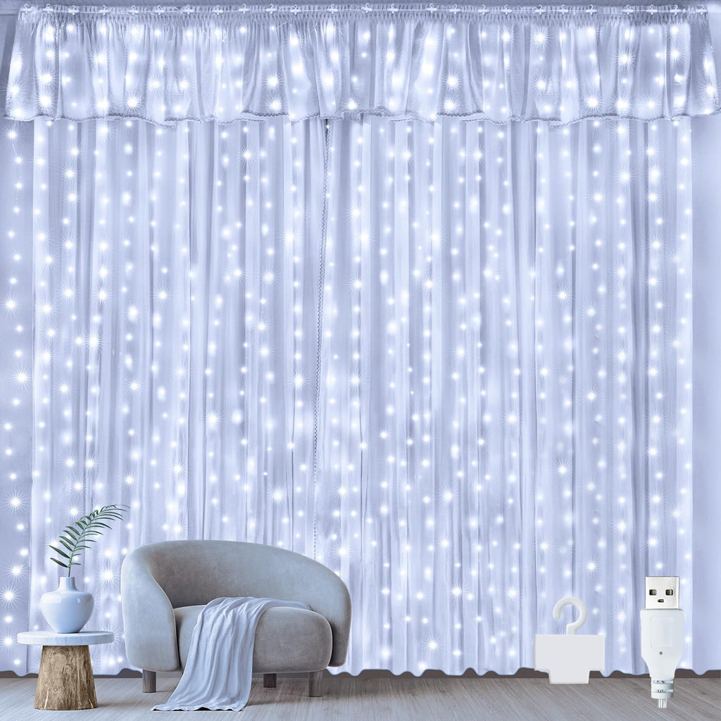 Ollny 300 LEDs 3m*3m USB Kupferdraht Vorhang Lichterkette mit Haken (Kaltweiß, IP44 wasserdicht)