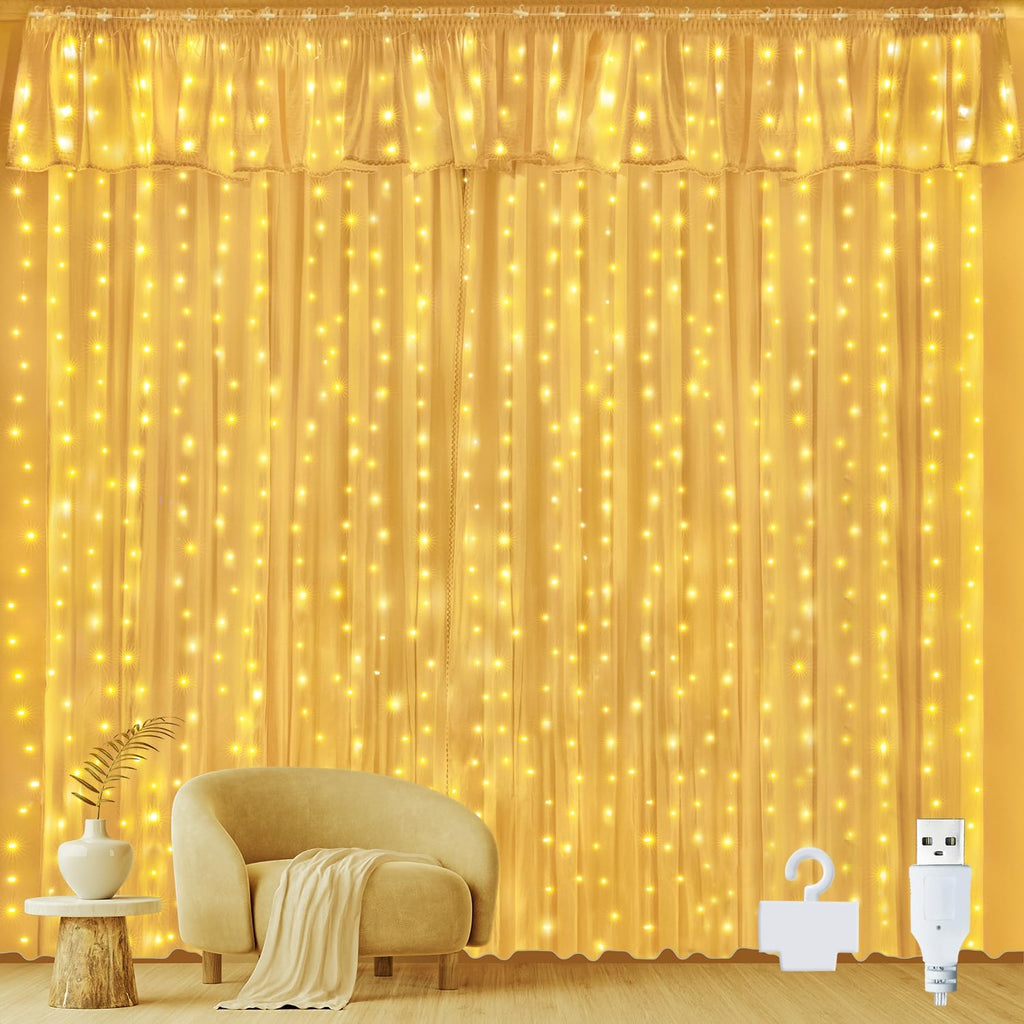 Ollny 300 LEDs 3m*3m USB Kupferdraht Vorhang Lichterkette mit Haken (warmweiß, IP44 wasserdicht)