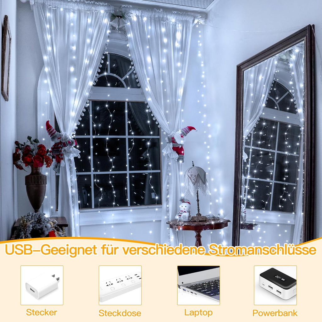 Ollny 300 LEDs 3m*3m USB Kupferdraht Vorhang Lichterkette mit Haken (Kaltweiß, IP44 wasserdicht)