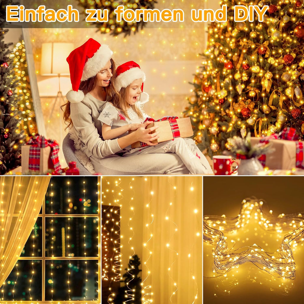 Ollny 300 LEDs 3m*3m USB Kupferdraht Vorhang Lichterkette mit Haken (warmweiß, IP44 wasserdicht)