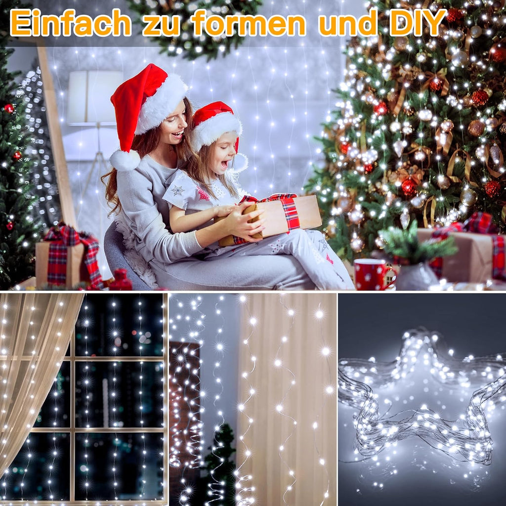 Ollny 300 LEDs 3m*3m USB Kupferdraht Vorhang Lichterkette mit Haken (Kaltweiß, IP44 wasserdicht)