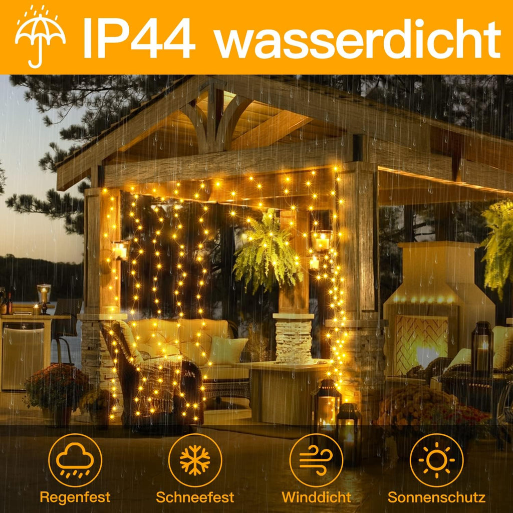 Ollny 300 LEDs 3m*3m USB Kupferdraht Vorhang Lichterkette mit Haken (warmweiß, IP44 wasserdicht)