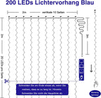 Ollny 200 LEDs 2m*2m USB Kupferdraht Vorhang Lichterkette mit Haken (Blau, IP44 wasserdicht)