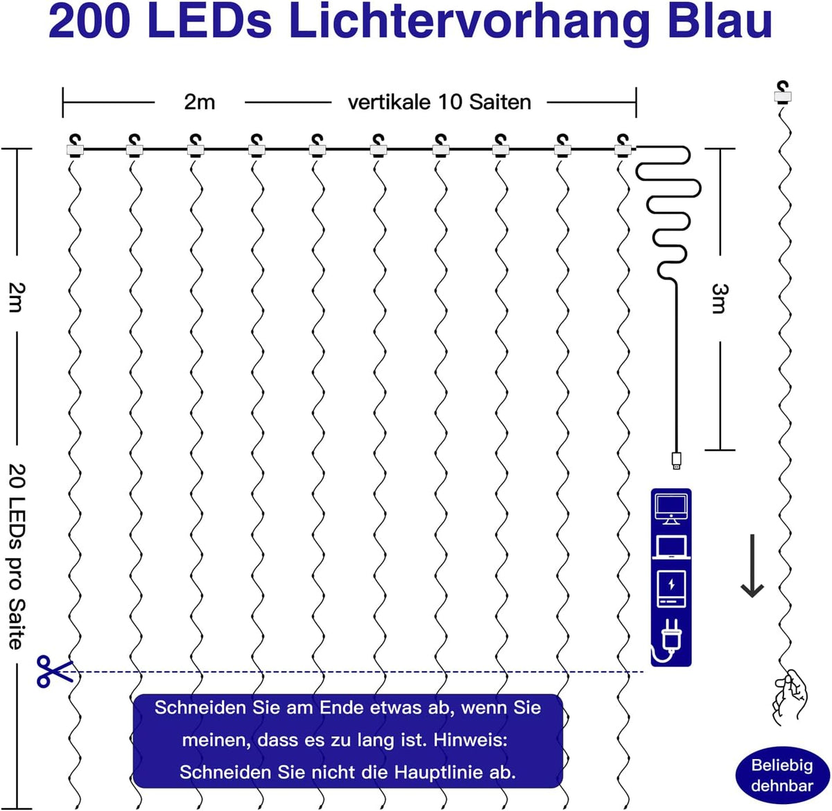 Ollny 200 LEDs 2m*2m USB Kupferdraht Vorhang Lichterkette mit Haken (Blau, IP44 wasserdicht)