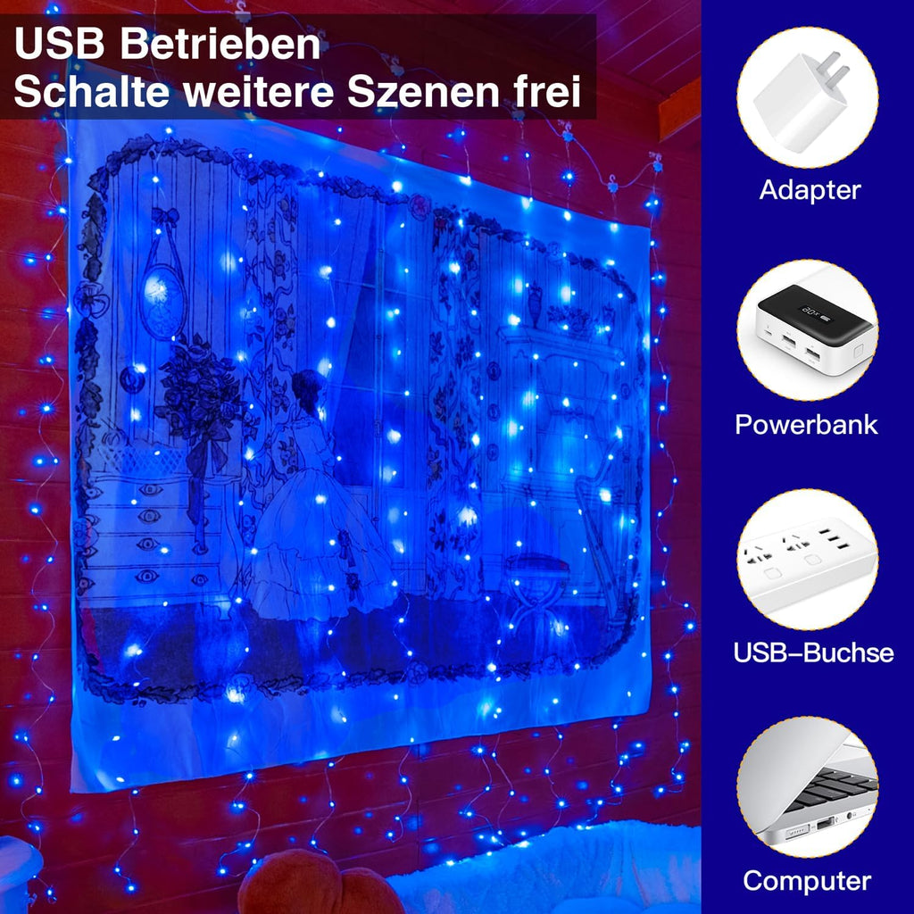 Ollny 200 LEDs 2m*2m USB Kupferdraht Vorhang Lichterkette mit Haken (Blau, IP44 wasserdicht)