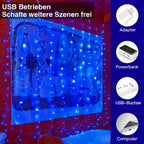 Ollny 200 LEDs 2m*2m USB Kupferdraht Vorhang Lichterkette mit Haken (Blau, IP44 wasserdicht)