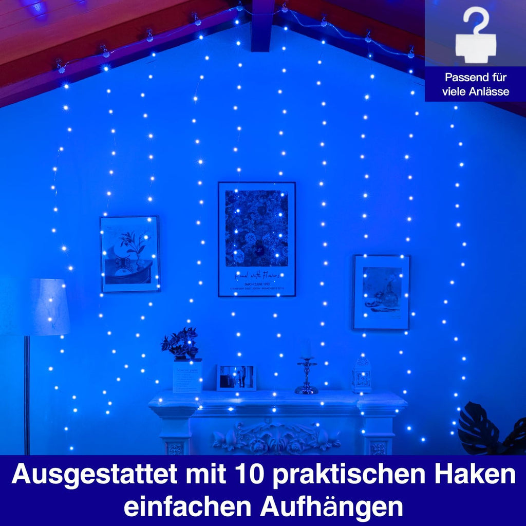 Ollny 200 LEDs 2m*2m USB Kupferdraht Vorhang Lichterkette mit Haken (Blau, IP44 wasserdicht)