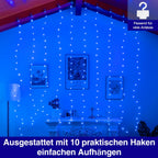 Ollny 200 LEDs 2m*2m USB Kupferdraht Vorhang Lichterkette mit Haken (Blau, IP44 wasserdicht)