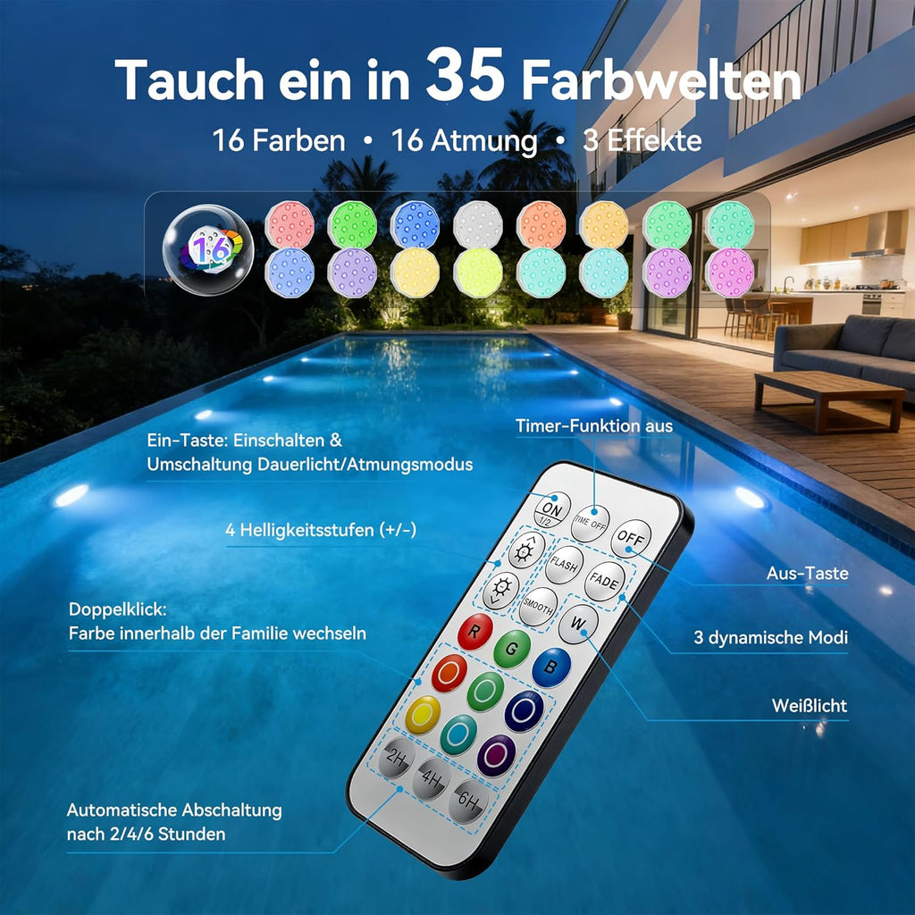 Ollny LED-Poolleuchten für Pool, Teich, Whirlpool, Springbrunnen, Aquarium (wiederaufladbar, 16 Farben, IP67 wasserdicht)